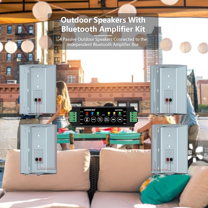 STUDIOFINIX 800W 6.5 Inch Bluetooth Outdoor Speakers Waterproof Wired with Multifunctional Amplifier Wall Mount Weatherproof Loudspeaker System for Patio Garden Poolside Home(4 Speakers,White)