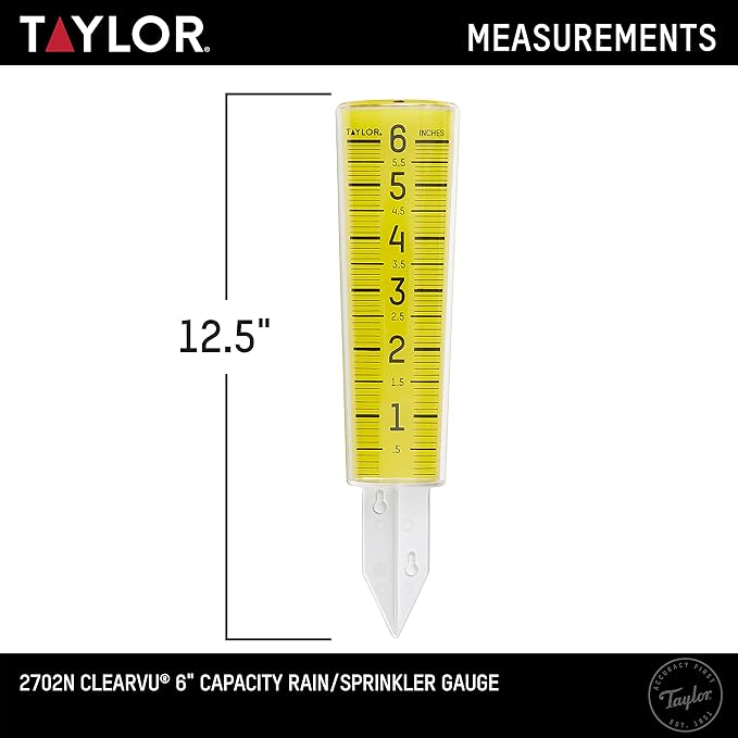 Taylor ClearVu Rain and Sprinkler Gauge, Measure and Monitor Precipitation, Easy to Read for Backyard, Patio, Garden, and Lawn, 6-inch Capacity, Clear