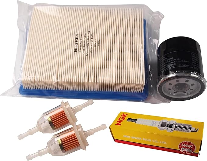 Huskey Golf Cart Tune Up Kit for Club Car DS 1993-2004 Gas W/ FE290 Kawasaki Motor, Air Filter (Flat), Oil Filter, NGK Spark Plug, 2X Fuel Filters, Clutch Drive & Starter Generator Belt (Selective)