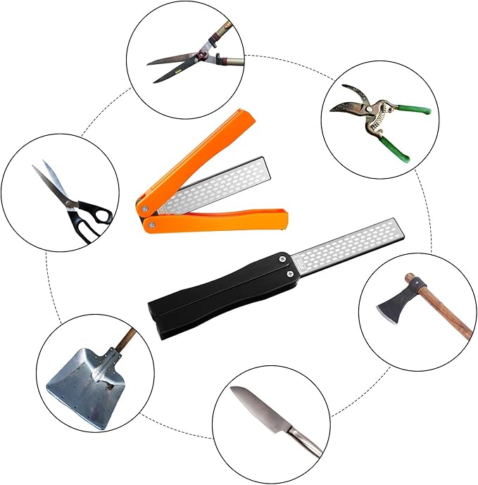 2 Pack Garden Tool Sharpener, Folding Pocket Diamond Knife Sharpener 400/600 Grit Double-Sided Scissor, Pruners, Loppers or Blade Sharpening Stone for Garden Outdoor Camping Kitchen