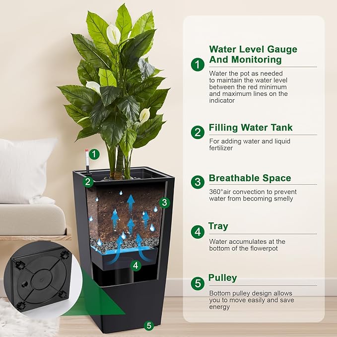 GarveeLife 30 in Tall Planters Set of 2, Outdoor&Indoor Black Planter Pots, High Front Porch Planter Pots With Drainage Holes&Water Level Monitor Movable Wheels &Inner Bucket, Automatic Watering,Black