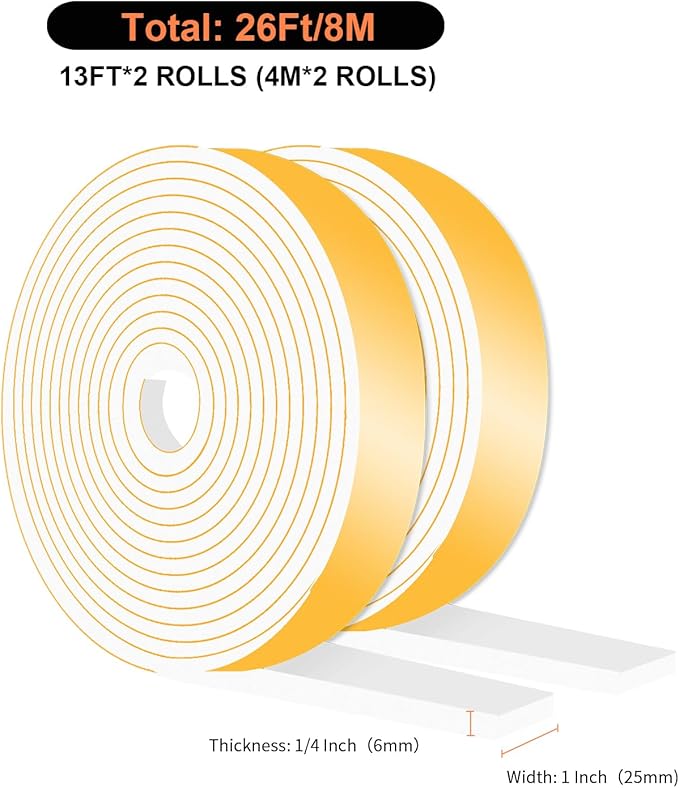 Weather Stripping,Weather Stripping for Door,Strong Adhesive, Lightproof, Soundproof Foam,Door Seal Strip for Door Frame,Window Frame(White,1 in x 1/4 in x 26Ft)
