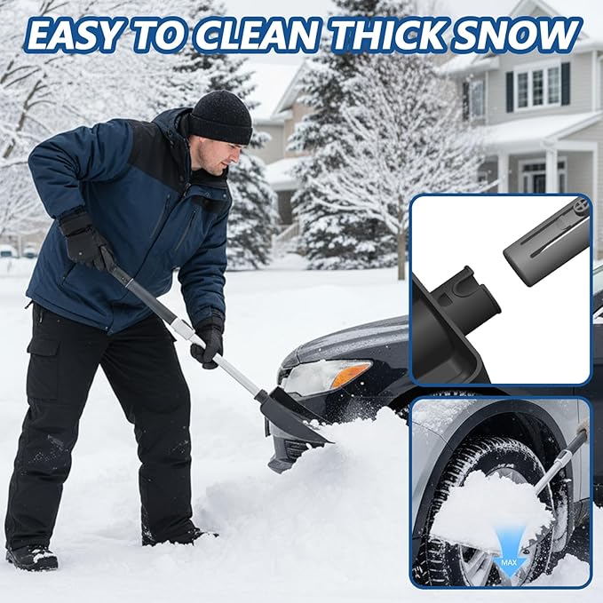 Car Snow Brush and Ice Scraper, 3-in-1 Extendable Snow Shovel with Wide Head Snow Shovel and Ice Scraper 180° Pivoting Snow Brush Head for Car Windshield, Durable Snow Remover with Foam Grip