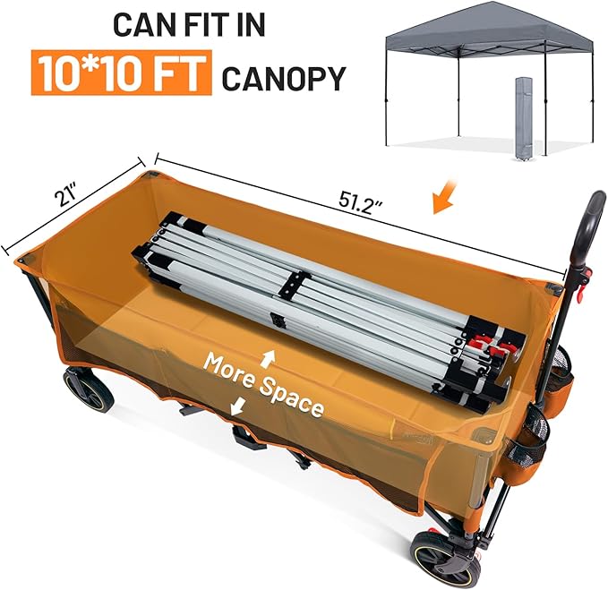Timber Ridge 51.2'' Extended Collapsible Wagon Cart with Brakes and Cargo Net, 500LBS Heavy Duty Foldable Utility Wagon with Adjustable Handle, 400L Capacity Portable Cart for Camping Sports, Orange