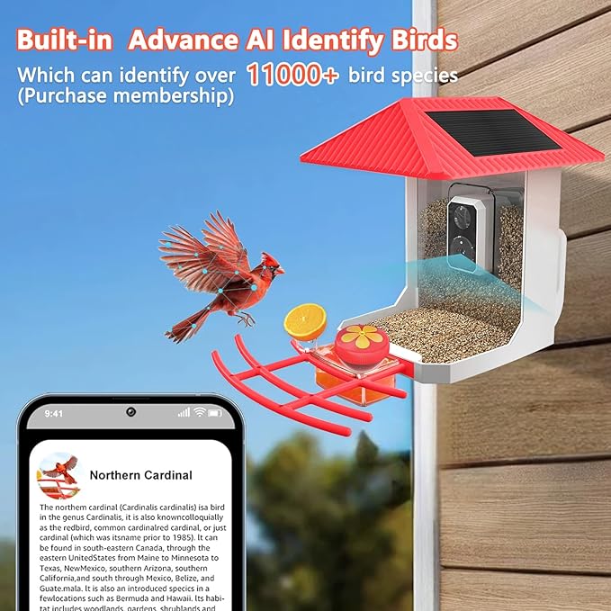 2.5K Smart Bird Feeder with Camera, 5GHz &2.4GHz Birds Watching Camera with AI Identify Bird Species, Outdoor Birds Feeder House with Solar Panel for BirdLovers (Red)