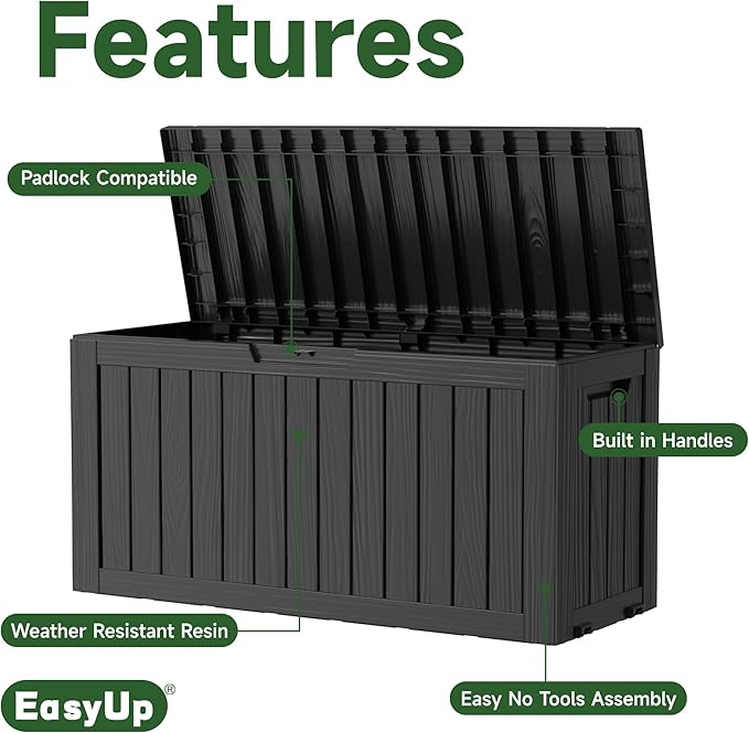 75 Gallon Outdoor Storage Box, Resin Waterproof UV-Resistant Deck Box, Reinforced Stability for Patio, Garden, and Poolside, Striped Black