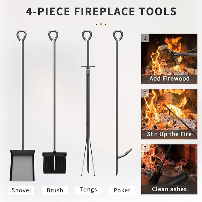 Mr IRONSTONE Firewood Rack with Fireplace Tools Set, Fireplace Tool Rack for Indoor Outdoor Fire Log Holder Wrought Iron Large Wood Stove with Firepit Tools, Brush, Shovel, Poker, Tongs, Black