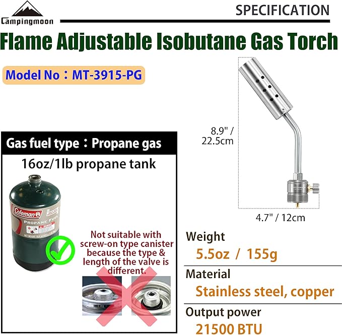 CAMPINGMOON Propane MAPP Torch Head Camping Grill Charcoal Starter with Flame Control Valve for BBQ Campfire Fireplace MT-3915-PG (Gas Fuel Not Included)