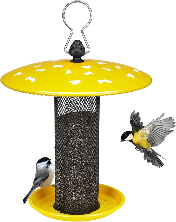 Veehoo Tube Bird Feeders for Outdoors Hanging-Finch Feeder for Nyjer Thistle Seed, Mushroom Metal Mesh Bird Feeder for Outside Hanging, Yellow