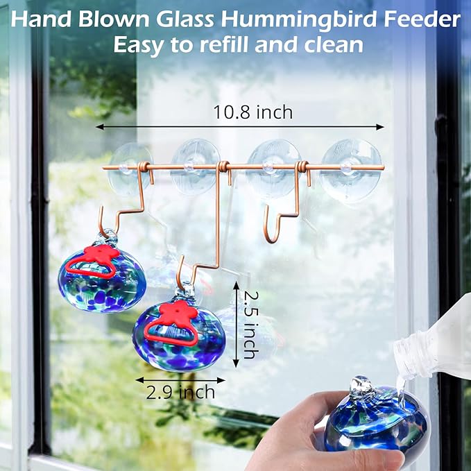 Window Hummingbird Feeder with Suction Cups,Hand-Blown Glass Hummingbird Feeders for Outdoors Window Mounted with Metal Hook,Close Bird Watching,Finch in Garden,Yard(Dotted Blue)