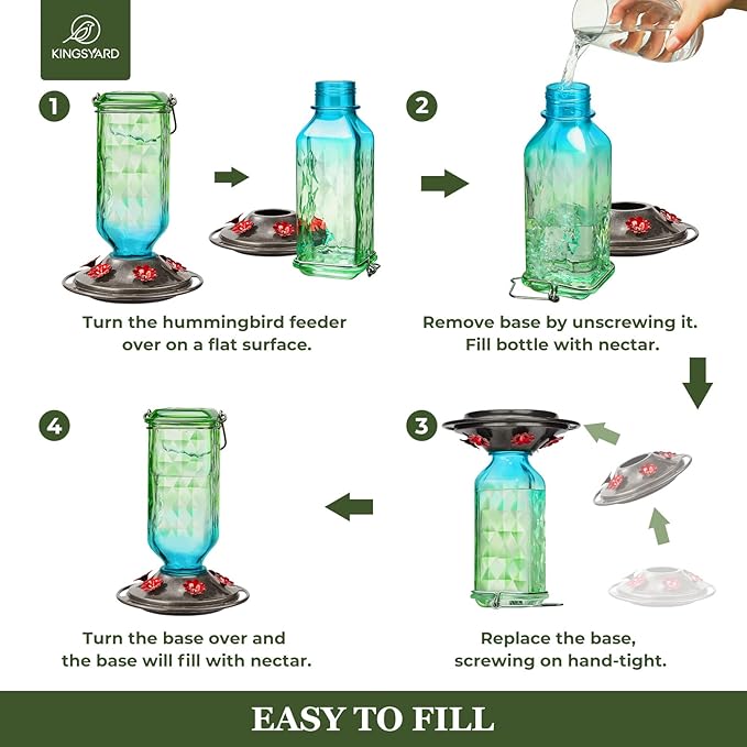 Kingsyard 2 Pack Glass Hummingbird Feeder for Outdoor Hanging, 24 Ounces, 6 Feeding Ports, Bird Nectar Feeder for Garden Décor, Ant Moat Included, Green & Blue