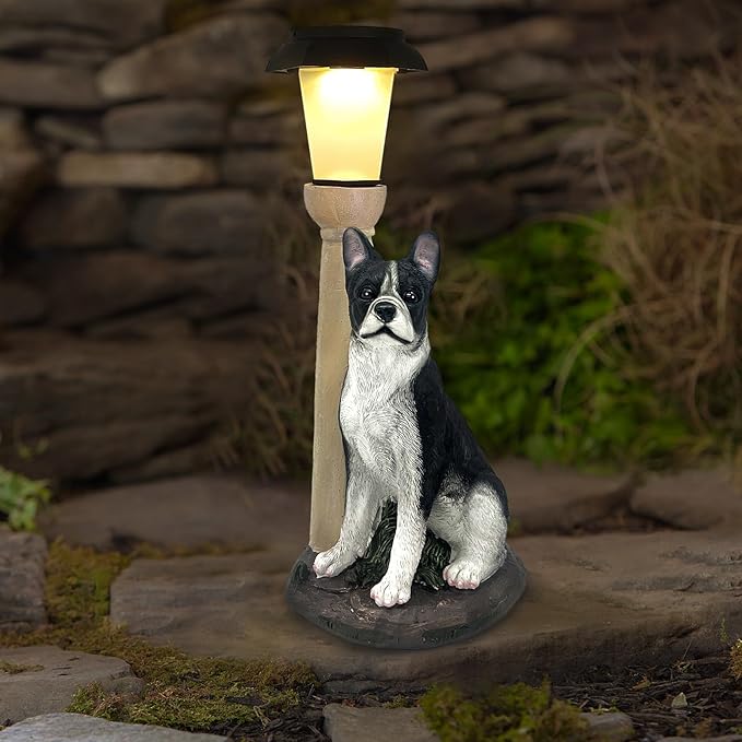 Solar Dog Garden Statues with Lantern, Resin Boston Terrier Sculpture with Warm White Light for Outside Lawn Porch Patio