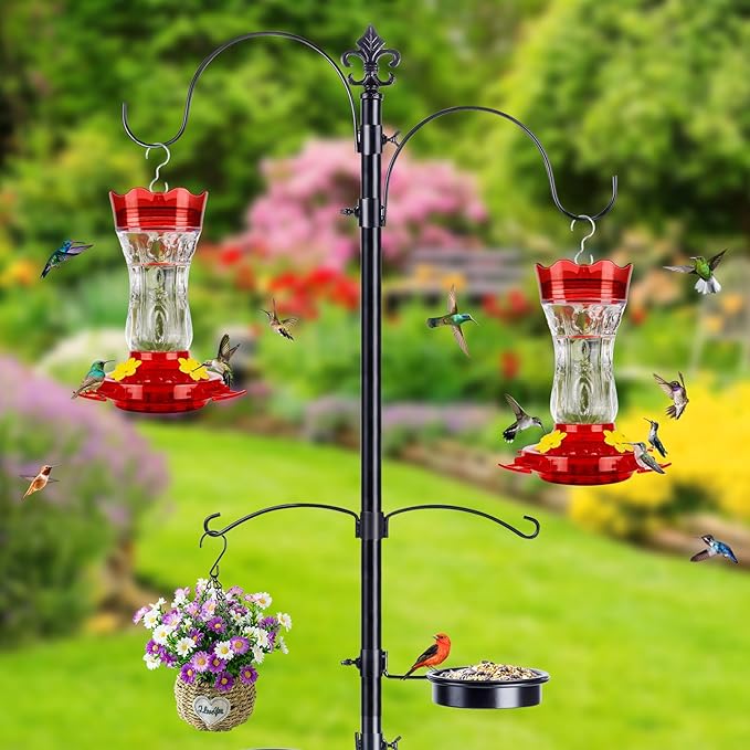 2 Pack Hummingbird Feeders for Outdoors, Built-in Ant Moat & Leakproof, XAROO Glass Hummingbird Feeder with 4 Bee Guard Feeding Ports, 15OZ, Red, Outdoor Garden Décor