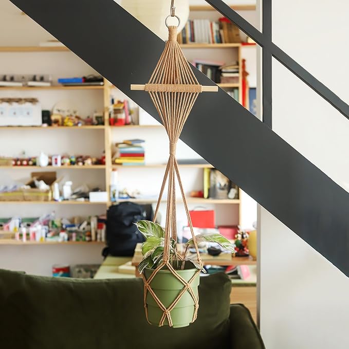 New Diamond Pattern Plant Hanger,2Pcs Handmade Macrame Plant Hangers Indoor with Wood Dowel,Large Crochet Boho Plant Hanger Holder for up to 10in Pot No Tassels (Caramel Wood Hanger)