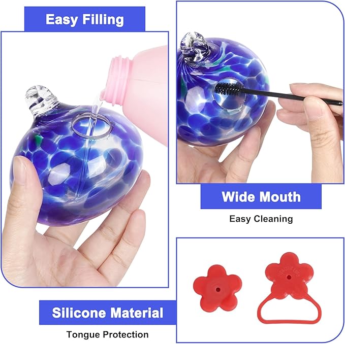 Window Hummingbird Feeder with Suction Cups,Hand-Blown Glass Hummingbird Feeders for Outdoors Window Mounted with Metal Hook,Close Bird Watching,Finch in Garden,Yard(Dotted Blue)