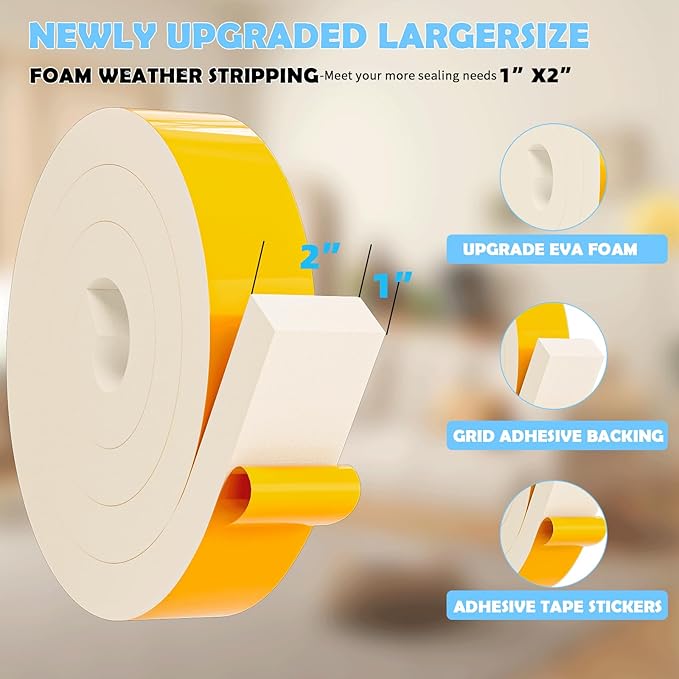 1"×2" EVA Foam Strips with Adhesive Weather Stripping Tape Larger Foam Weather Stripping Strip for Large Gap Insulation (1"×2",6.5FT,White)