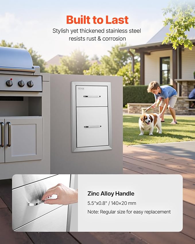 VEVOR Outdoor Kitchen Drawers 13" W x 20.5" H x 21" D, Flush Mount Double BBQ Access Drawer with Stainless Steel Handle, BBQ Island Drawers for Outdoor Kitchens or Patio Grill Station