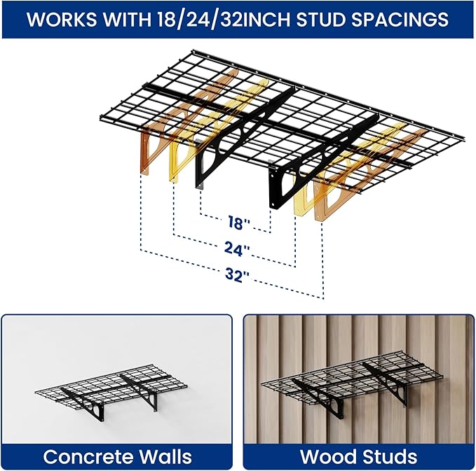 FLEXIMOUNTS 2x4ft Garage Shelving Wall-Mounted, 1-Pack Heavy-Duty Wall Shelving, Holds Up to 200 lbs, Garage Storage Rack for Organization & Storage Bins, Black