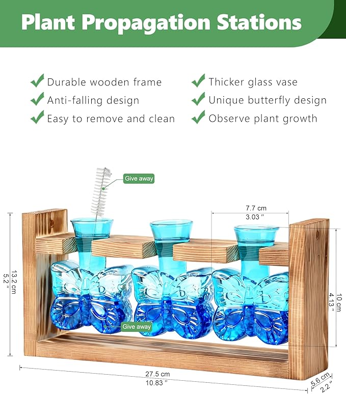 Nacome Plant Terrarium with Wooden Stand,Butterfly-Shaped Glass Vase Planter Propagation Station for Home Office Decor, Unique Gifts for Plant Lovers Women Mom(Blue)