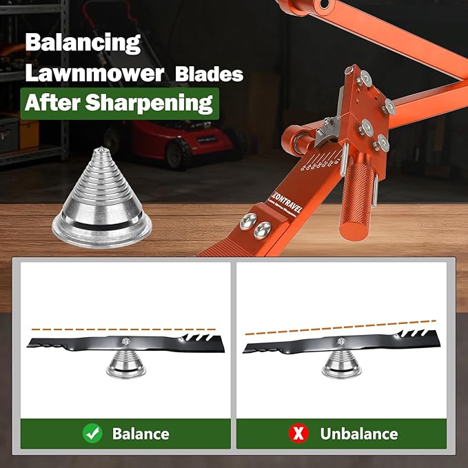 Upgraded Lawn Mower Blade Sharpener with Ball Bearing Handle and 15°-45° Adjustable Frame, for Straight & Standard Lawn Mower Blades,Lawnmower Blade Sharpener Kit with Metal Blade Balancer,5005,Orange