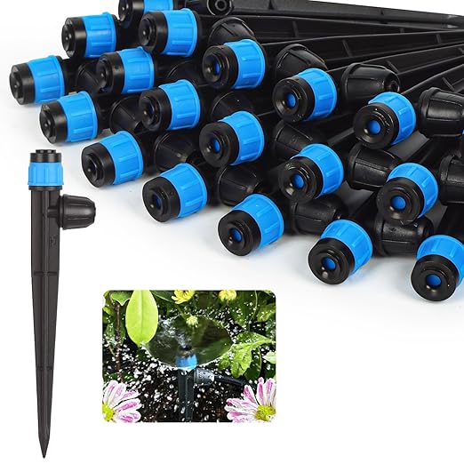 Drip Emitters for 1/4" Drip Irrigation Tubing 25 pcs Adjustable 360 Degree Fan Shape Water Flow Irrigation Drippers with Lock Barbed Irrigation Drip Heads Drip Spray Emitters for Flower Plants Garden