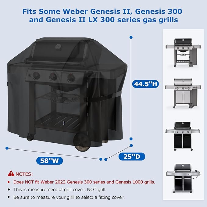 SunPatio 58 Inch Outdoor Grill Cover, Compatible for Weber Genesis II, Genesis 300 and II LX 300 Series Gas Grills, Heavy Duty Waterproof Barbecue Cover, Compared to Weber 7130, 58"W x 25"D x 44.5"H