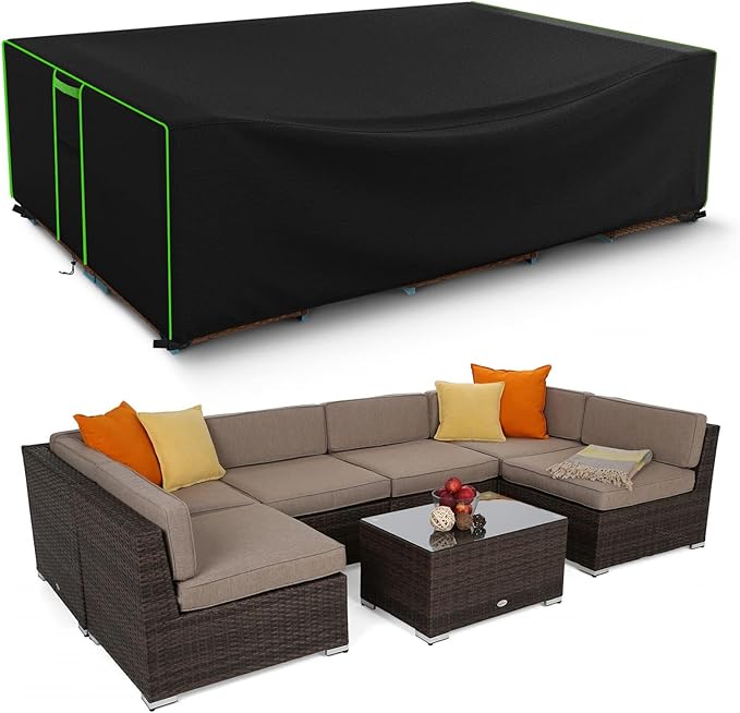 Patio Furniture Covers Waterproof, Heavy Duty 600D Outdoor Furniture Covers for Outside Sectional Sofa Set,Tear Resistance and Anti-UV,126"L x 64"W x 28"H, Black with Green Piping