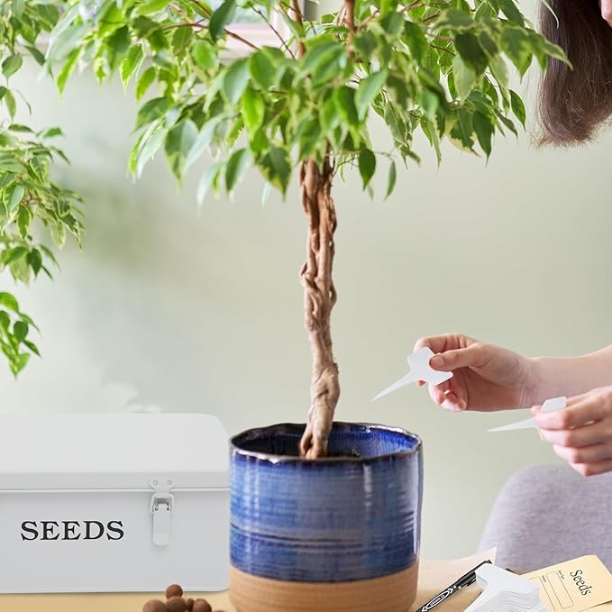 Seed Storage Organizer, 4 Compartment Seed Storage Box with Safety Lock, Metal Seed Box Container with 2 Pens, 20 Plant Labels and 50 Seed Envelopes for Seed Packet & Small Garden Tool, White