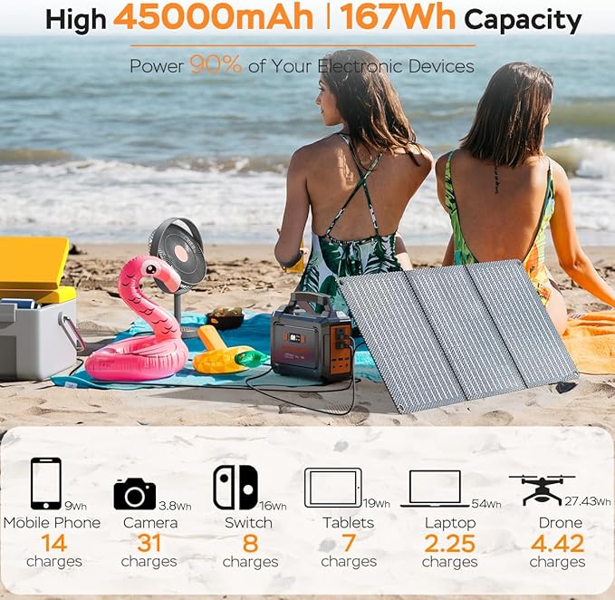 MARBERO Solar Generator 167Wh Camping Portable Power Station 200W Peak with Foldable Solar Panels 30W with AC Outlet 110V Multi-Port LED Flashlights for CPAP Home Camping Hurricane Emergency