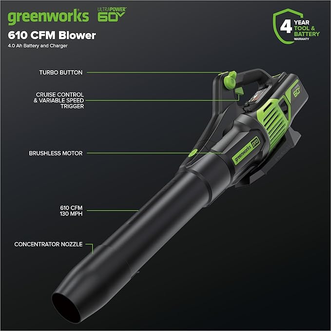 Greenworks 60V 17" Brushless (Push) Mower + 60V (610 CFM) Brushless Blower, 4.0Ah Battery and 3A Charger