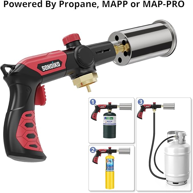 Sondiko Powerful Grill & Cooking Propane Torch L8010, Sous Vide, Campfire Starter, Adjustable Wood Torch Burner for Searing Steak, BBQ, Welding(Red & Black) Propane Tank Not Included