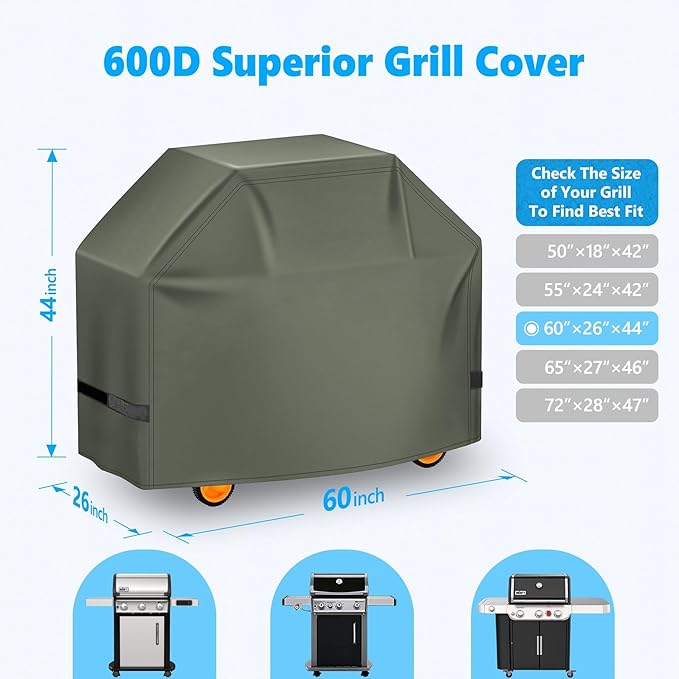 Grill Cover 60 Inch - Superior BBQ Cover for Weber Genesis 300 Series Gas Grill - 600D Outdoor Barbecue Cover for Weber Genesis ii 300, Dyna-glo, Nexgrill, Char-Broil, Monument and Brinkmann