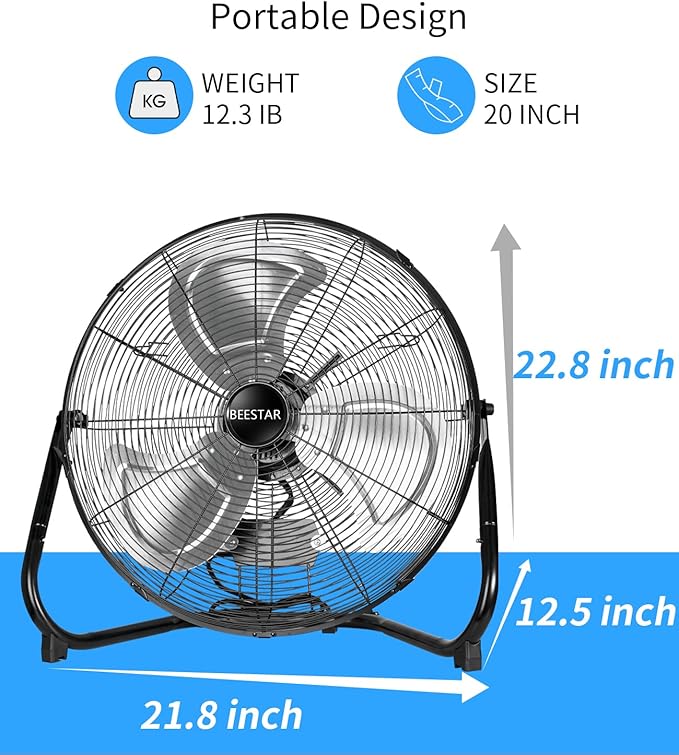 BEESTAR 20 Inch Floor Fan,High Velocity Fan with 3-Speeds&Adjustable Tilting Head,Heavy Duty Metal Industrial Fan for Shop, Garage,Commercial, Residential, and Greenhouse,Black (20 INCH)
