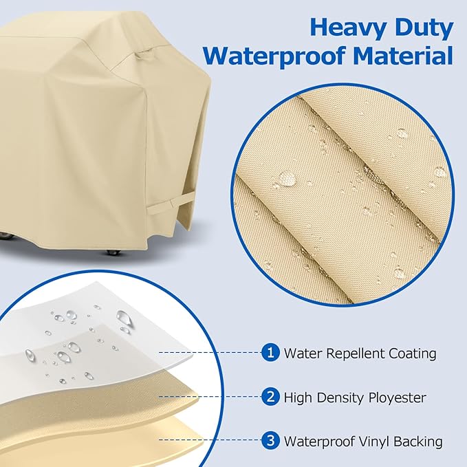 SunPatio BBQ Grill Cover 70 Inch, Outdoor Waterproof Large Barbecue Cover, All Weather Resistant Charcoal Gas Grill Protector, Compatible for Weber Char-Broil Nexgrill Napoleon and More, Beige