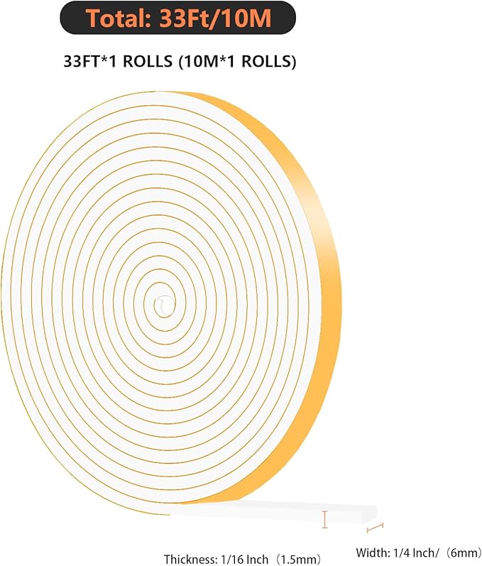 Weather Stripping Door Seal,Weather Stripping,Soundproof,Cold Insulation,High Density CR Foam Insulation Tape for Door,Windows (White, 1/4 in X 1/16 in x 33Ft)