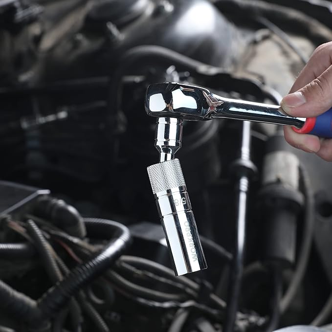 WORKPRO 5/8" Magnetic Spark Plug Socket with Magnetic Design, Swivel Thin Wall Spark Plug Socket, 3/8" Drive x 4" Total Length, 360 Degree Swivel, 12 Point