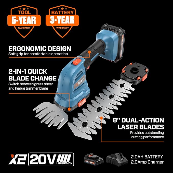 Senix X2 20 Volt Max* 2-in-1 Cordless Hedge Trimmer and Grass Shear with Interchangeable 4-Inch and 8-Inch Blades, Includes 2.0 Ah Battery and Charger (GSX2-M)