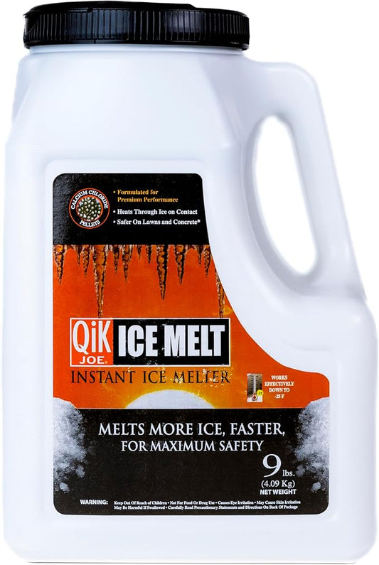 Qik Joe Calcium Chloride Ice Melt - Instant Snow and Ice Melt for Sidewalks, Driveways, Steps, and Parking Lots - Deicer for Concrete, Asphalt, and Other Surfaces - 9 Lbs