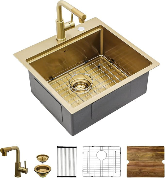 Gold Bar Sink With Faucet Drop In Bar Sinks 18 Inch Stainless Steel Indoor Outdoor Kitchen Workstation16 Gauge Single Bowl Small Sinks With Pull-out Faucet 18"x18"x9"