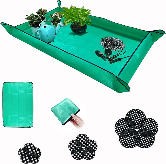 Plant Repotting Mat for Indoor Plants Potting Soil, 43" X 29" Large Plant Repotting Potting Tray, Portable Potting Mat Gardening Tray for House Plants Succulents, with 15 Pieces Pot Hole Mesh Pads