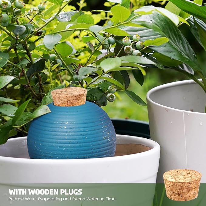 Plant Watering Globes Set of 4, 14oz Terracotta Self-Watering Globes for PottedPlants, Watering Planter Insert Bulbs with Cork Stoppers, Automatic Watering Spikes for Indoor&Outdoor Plants, Blue