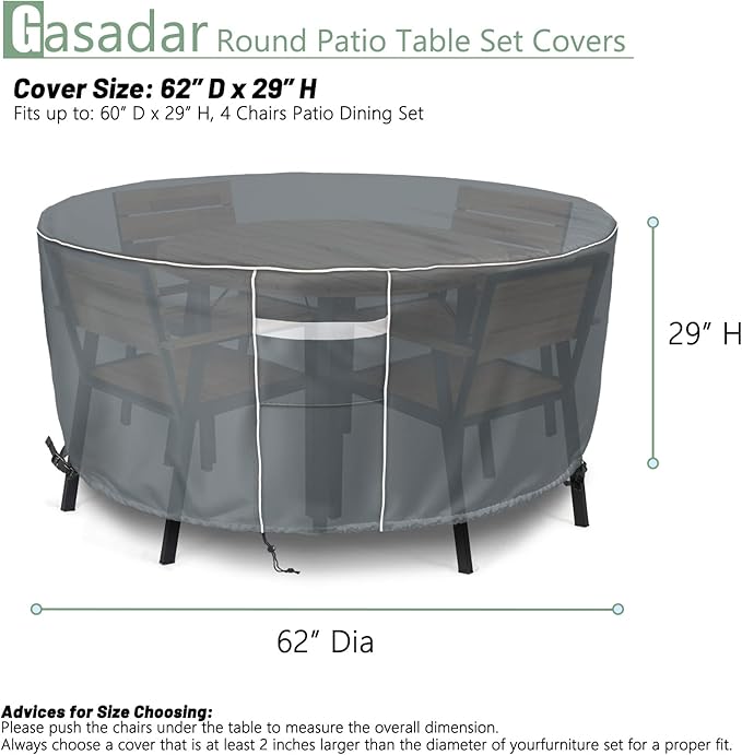 Gasadar Round Outdoor Furniture Cover Waterproof, Round Patio Furniture Covers for Patio Table and Chairs Set, Heavy Duty 600D, 62" Dia x 28" H, Grey