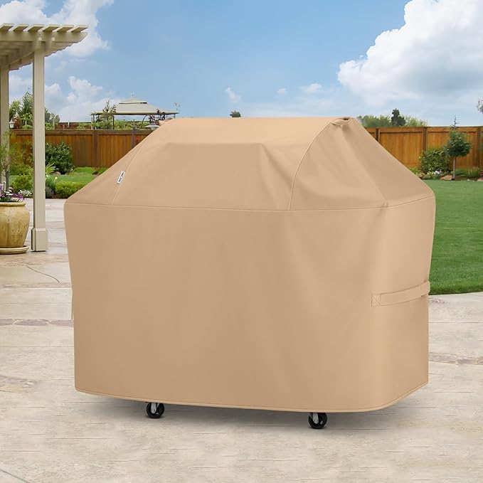 Unicook Heavy Duty Waterproof Grill Cover 60 Inch, BBQ Cover for Outside, Compatible with Weber Char-Broil Nexgrill Kenmore 3-5 Burner Gas Grills up to 58”, All Weather Protection, Light Brown