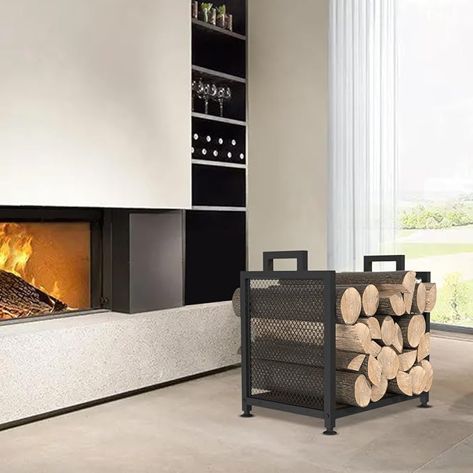 Firewood Rack for Indoor, Heavy Duty Fire Wood Racks Holder, 17.32" Metal Wood Storage Log Holder with Leather Carrier, Small Firewood Stand for Fireplace Patio Deck, Black