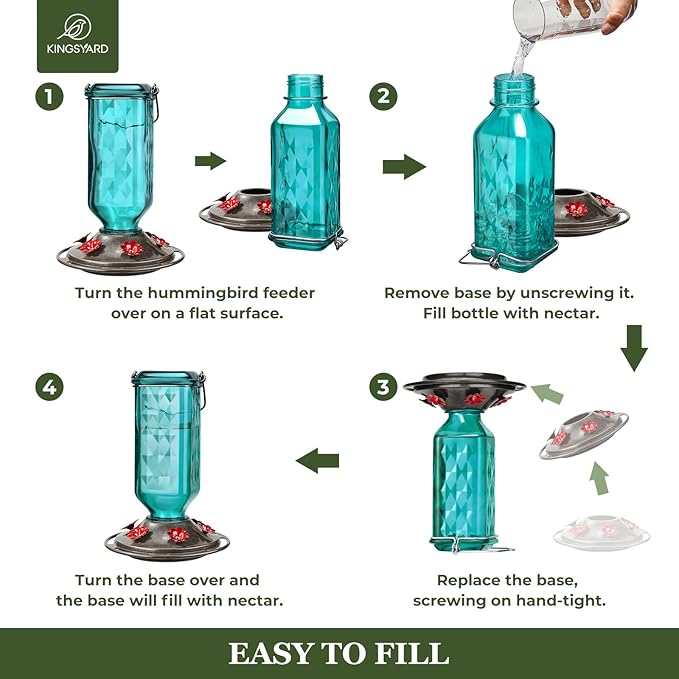Kingsyard Glass Hummingbird Feeder for Outdoor Hanging, 24 Ounces, 6 Feeding Ports, Bird Nectar Feeder for Garden Décor, Ant Moat Included, Turquoise