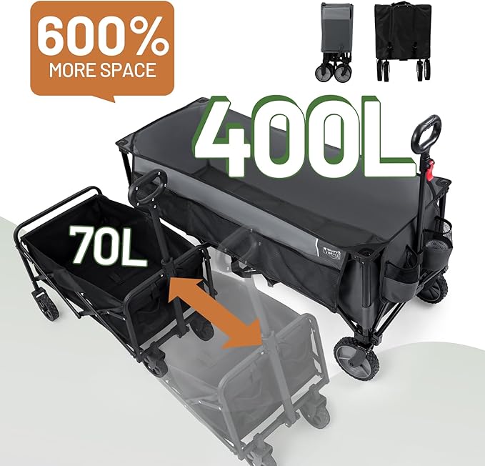 Timber Ridge 51.2'' Extended Collapsible Wagon Cart, 500LBS Heavy Duty Foldable Utility Wagon with Adjustable Handle, 400L Capacity Portable Cart with Cargo Net for Camping Sports Shopping-Grey