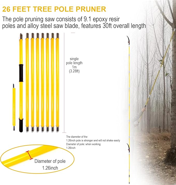 30 Feet Tree Pole Pruner, Durable Tree Trimmers Handle, Manual Branches Trimmer for Garden Tools Loppers Hand Pole Saws Extendable Height with Knives and Storage Pocket
