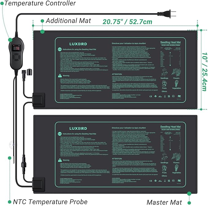 LUXBIRD 2 Pack Seedling Heat Mats with Digital Thermostat Controller, 10" x 20.75" 30W for Seed Starting, Germination, Hydroponics, Brewing, Breeding, Greenhouses (LB-HT02)