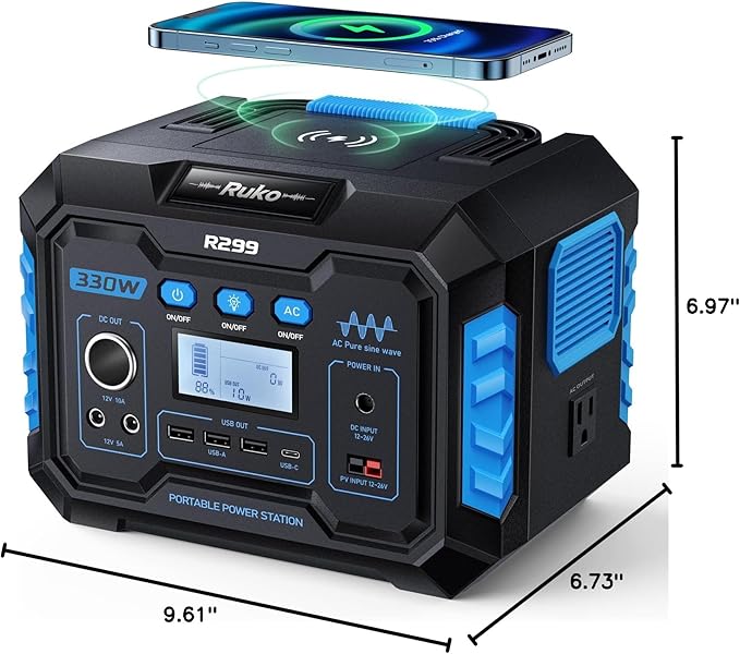 Ruko R299 Portable Power Station 330W, 288.6Wh 9-Port Portable Generator with Flashlight, Wireless Charging, 60W USB-C PD Output, Solar Generator for Outdoor Camping/RVs, Power Supply for Drone, CPAP