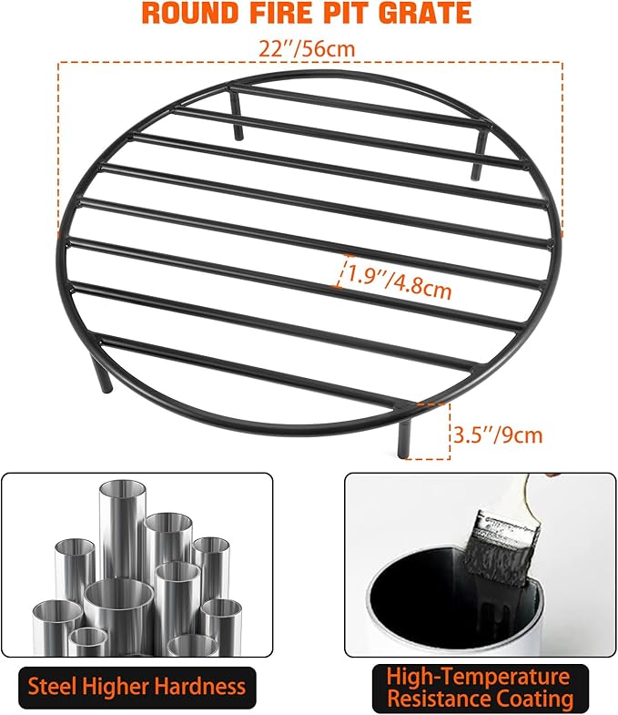 only fire Round Fire Pit Grate with 4 Legs for Outdoor Campfire Grill Cooking, 22 Inch